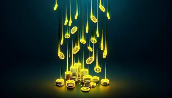 coins falling from above, glowing in bright neon yellow against a dark background