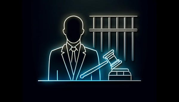 silhouette of the executive, bars, and a gavel, all glowing in neon colors