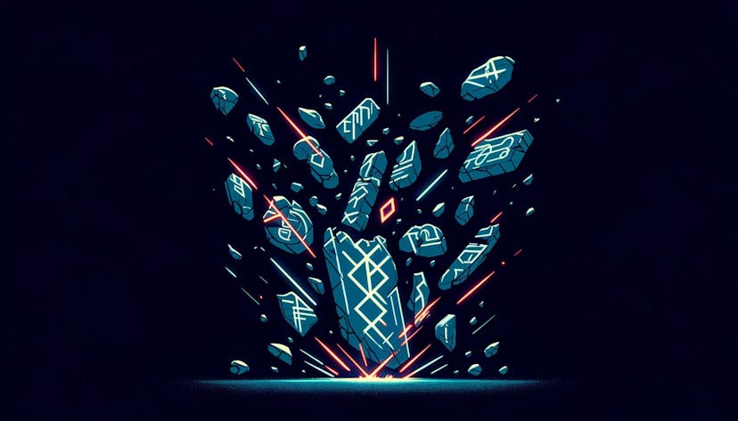 dramatic shattering of mystical runestones, glowing in vibrant neon colors against a dark background