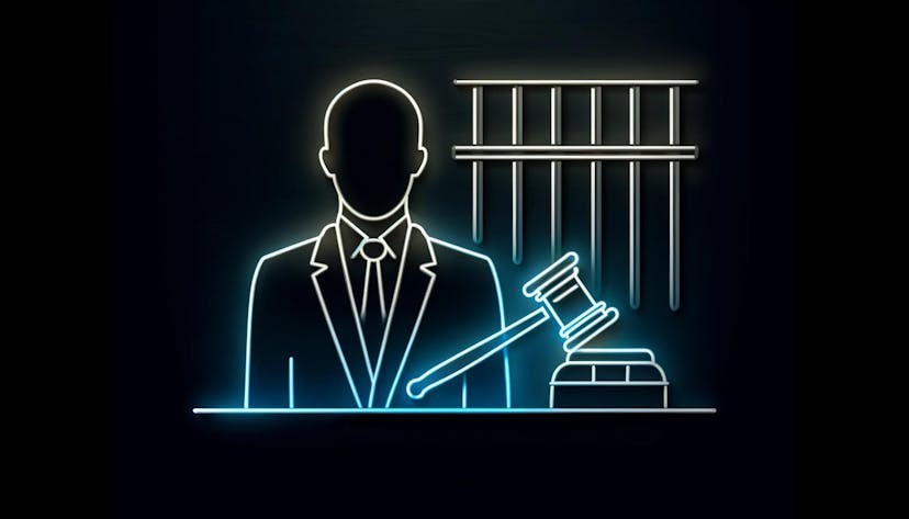 silhouette of the executive, bars, and a gavel, all glowing in neon colors