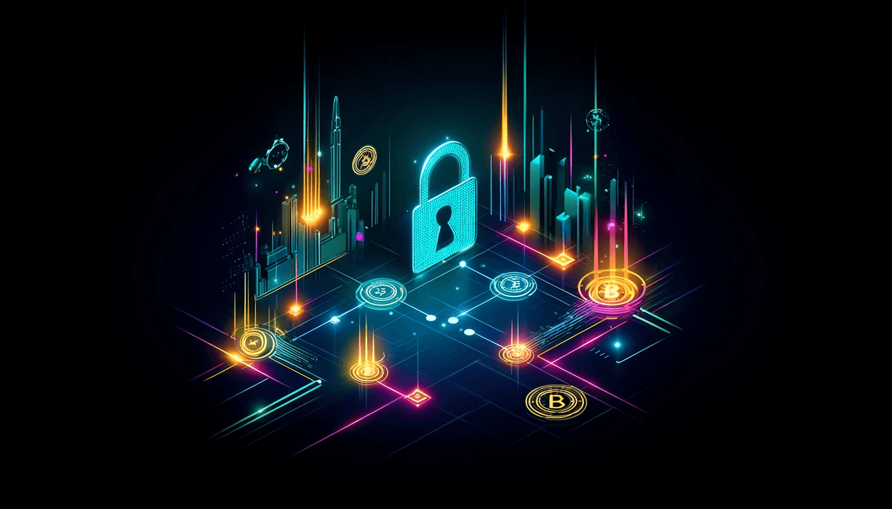 the image of a cryptocurrency hack in a minimalistic design with neon colors